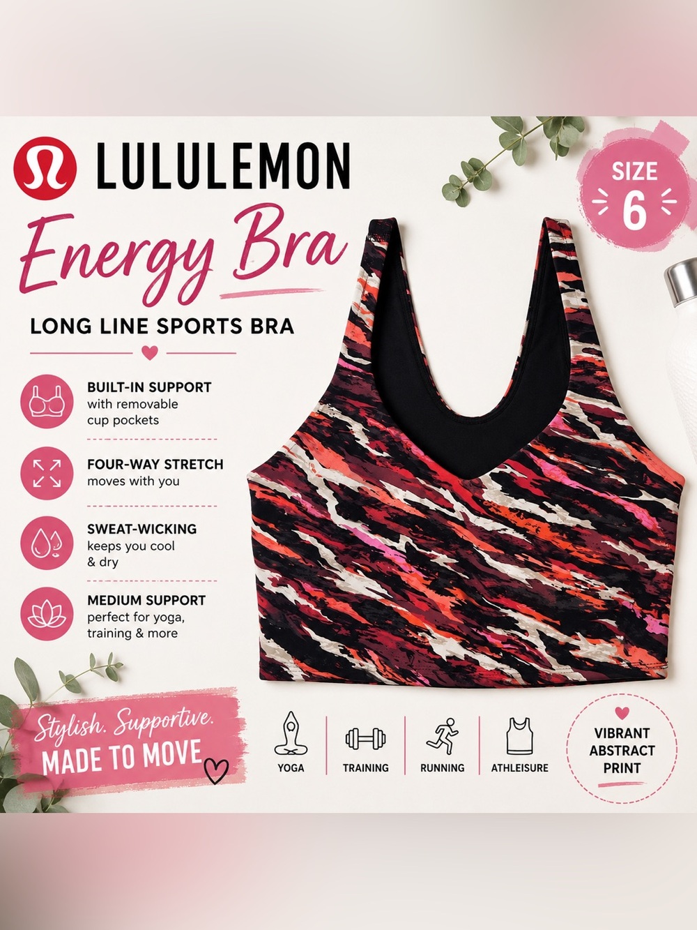 lululemon athletica Energy Bra - Black, Red & Pink Abstract Print